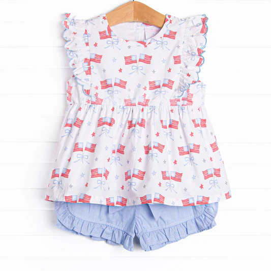 Preorder (moq 5)Baby Girls 4th Of July Flags Top Ruffle Shorts Clothes Sets