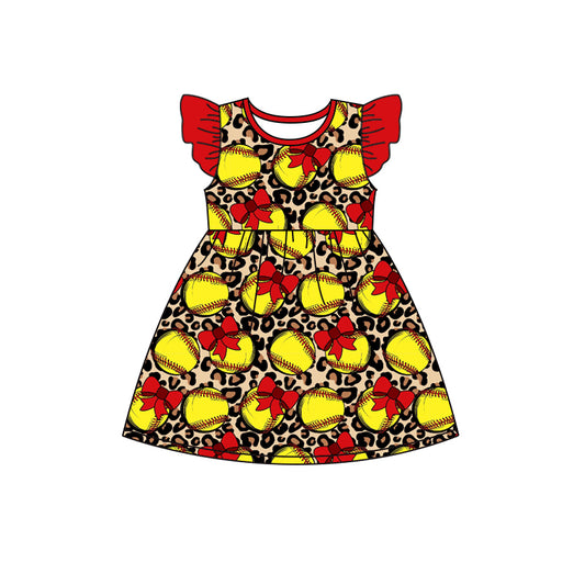 Baby Girls Softball Bow Leopard Flutter Sleeve Knee Length Dresses preorder(moq 5)