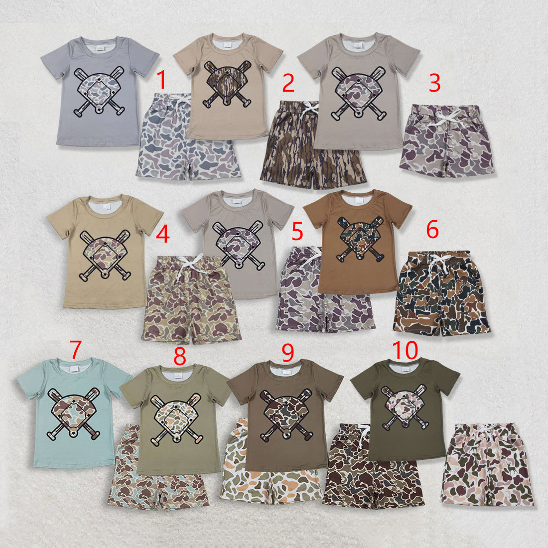 Sibling Baby Boys Short Sleeve Camo Baseballs Top Pockets Shorts Team Clothes Sets