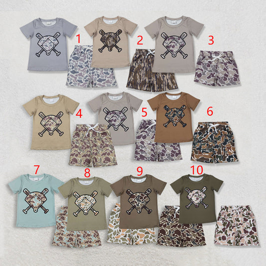 Sibling Baby Boys Short Sleeve Camo Baseballs Top Pockets Shorts Team Clothes Sets