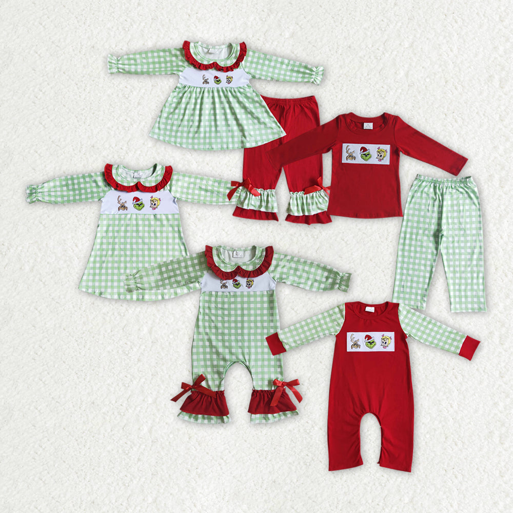 Sibling Baby Boys Girls Embroidery Green Checked Green Face Christmas Clothes Sets Rompers Knee Length Dresses
