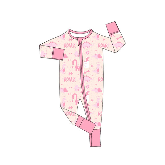 Baby Infant Girls Dinosaurs Roar Pink Long Sleeve Zip Rompers preorder(moq 5)