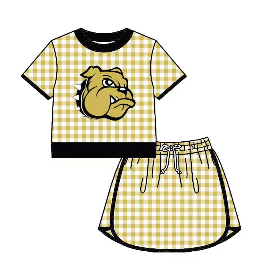 Preorder (moq 5)Baby Girls Yellow Checked Nederland Bulldogs Top Skirt Short Team Clothes Set