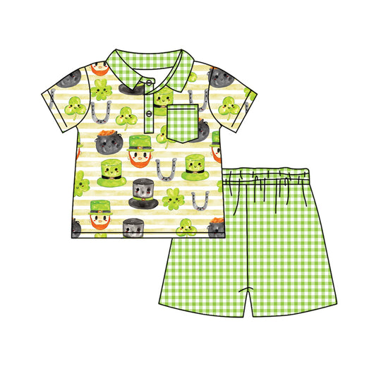 Preorder(MOQ 5) Baby Boys St Patrick Day Quatrefoil Pocket Top Shorts Clothes Sets