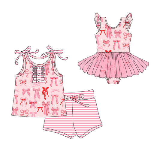 Preorder moq 5 Custom Baby Girls Pink Strap Bows Button Top Stripe Short Set Skort Bummise Romper