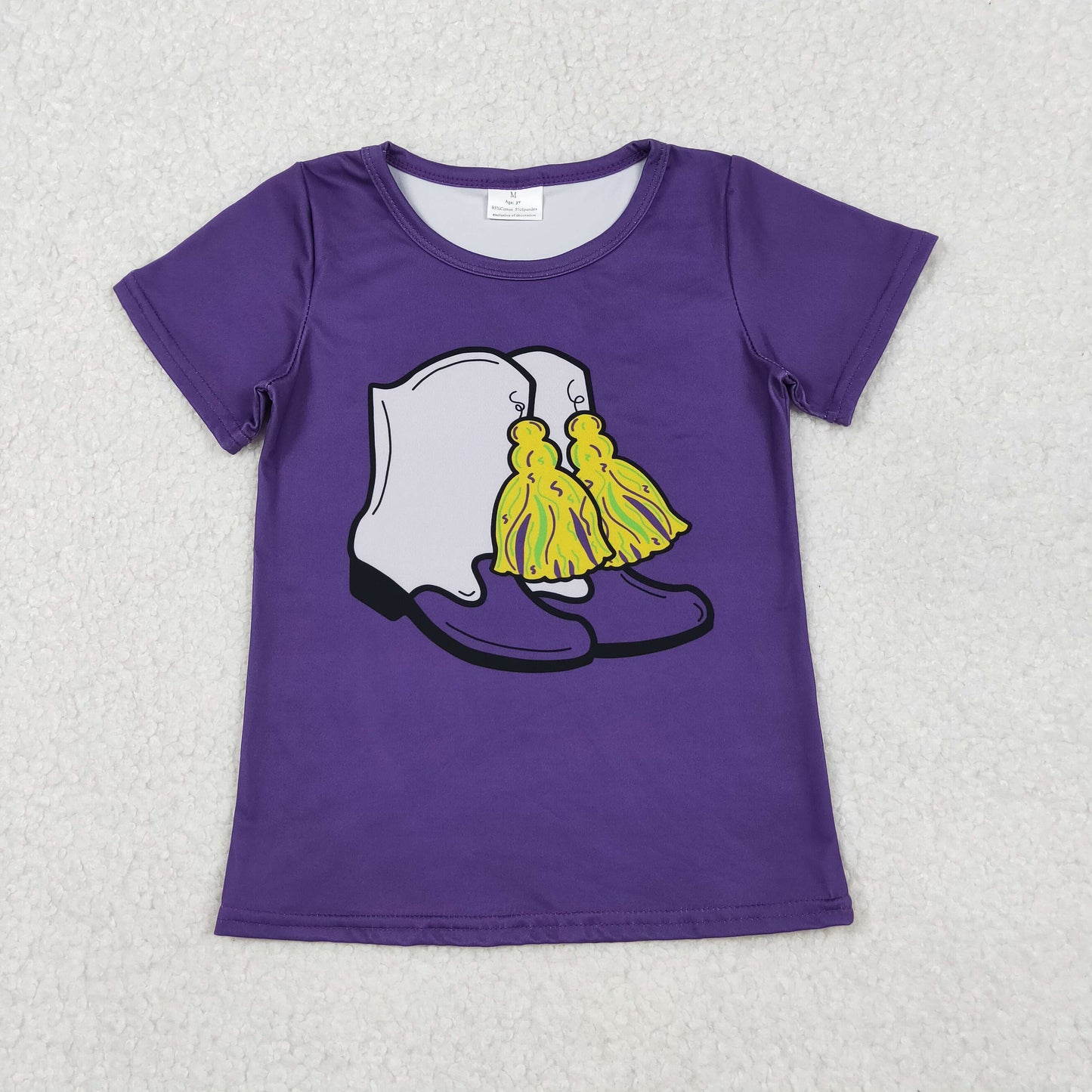 Baby Girls Purple Short Sleeve Boots Tassel Mardigras Tee Shirts Top