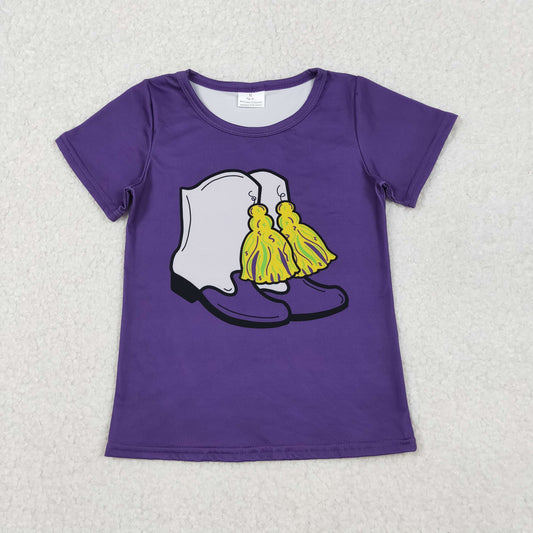 Baby Girls Purple Short Sleeve Boots Tassel Mardigras Tee Shirts Top