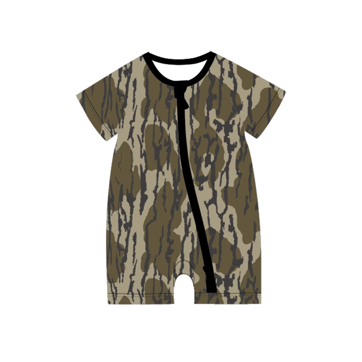 Preorder moq 5 Baby Boys Short Sleeves Olive Camo Zipper Rompers