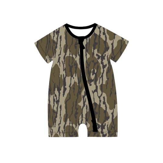 Preorder moq 5 Baby Boys Short Sleeves Olive Camo Zipper Rompers