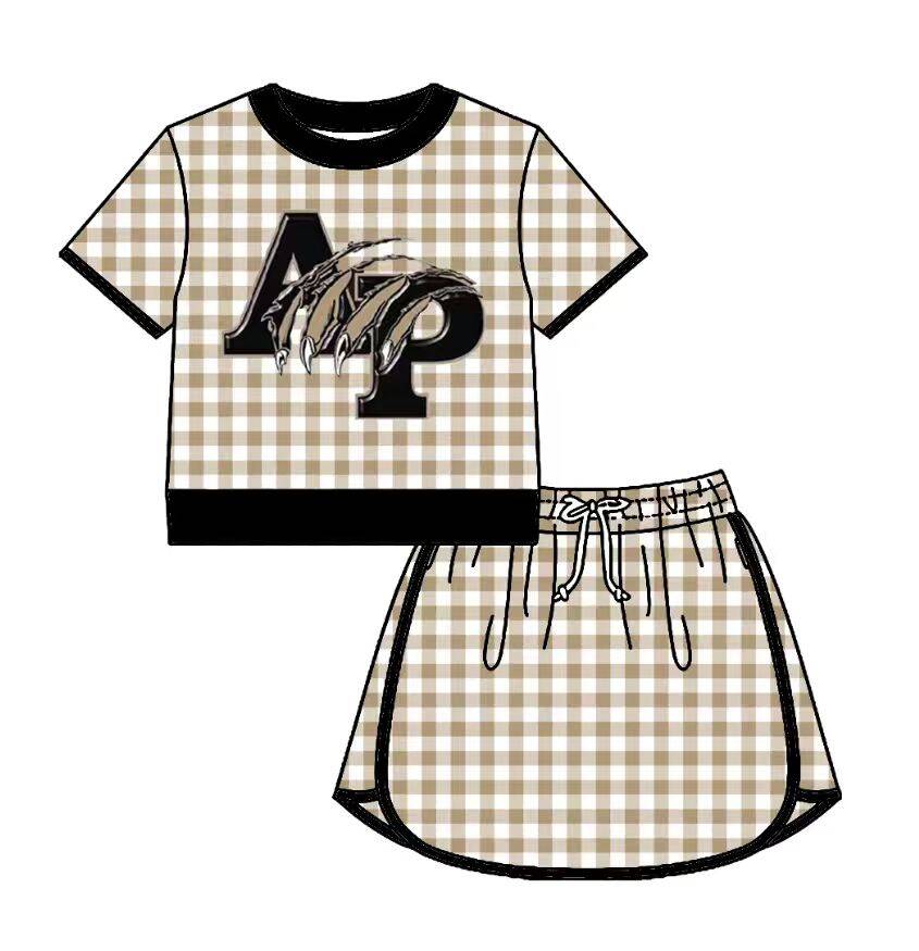 Preorder (moq 5)Baby Girls Gold Checked Panthers Top Skirt Short Team Clothes Set