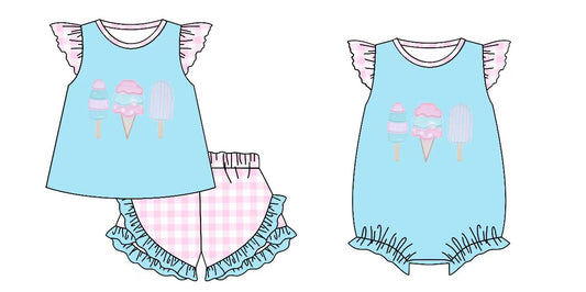 Preorder moq 5 (each item)Baby Girls Flutter Sleeve Ice Creams Checked Shorts Clothes Sets Rompers