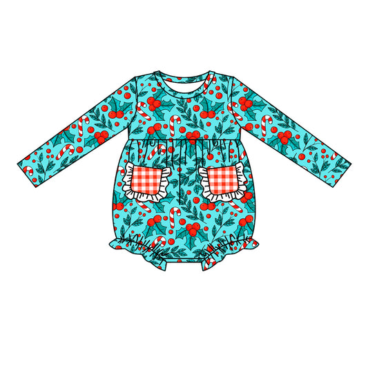 Baby Girls Christmas Candy Cane Pocket Long Sleeve Rompers preorder(moq 5)