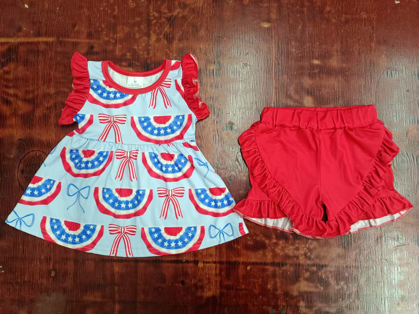 Preorder moq 5 Baby Girls Red Sleeveless Blue Stars Bows Tunic Ruffle Short 4th Of July Set