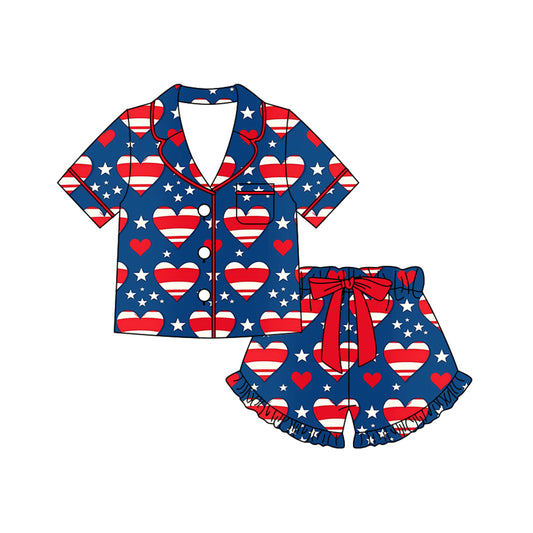 Preorder (moq 5)Baby Girls Red Blue Stars Hearts Button Pocket Top Ruffle Shorts 4th of July Pajamas Set
