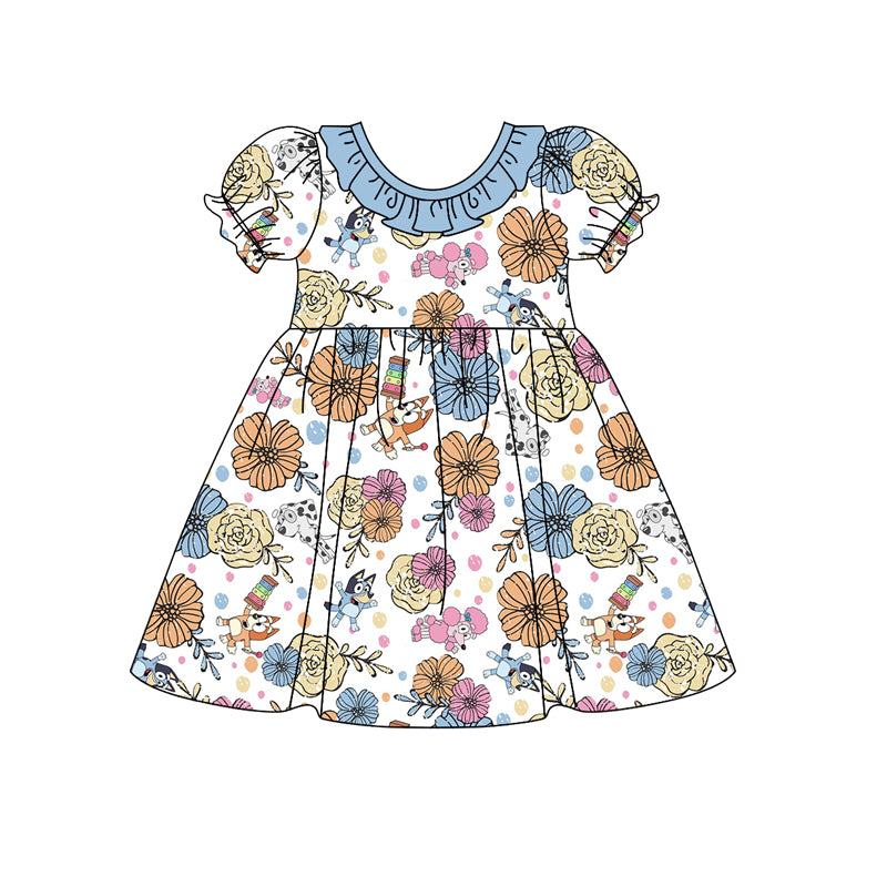 Baby Kids Flowers Dogs Girls Ruffle Knee Length Dresses preorder(MOQ 5)