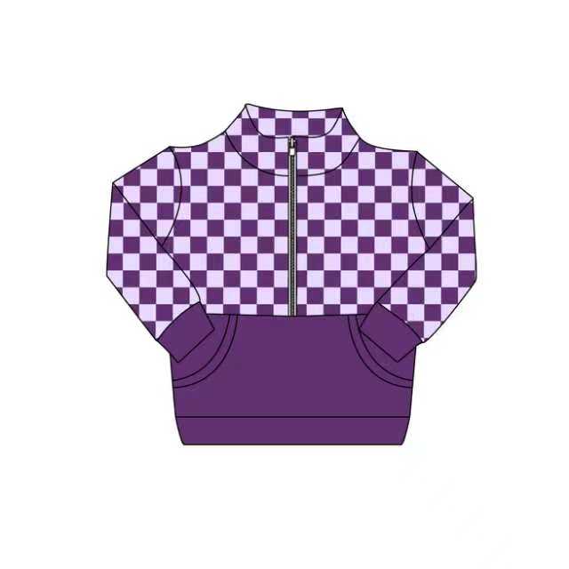 Preorder (moq 5)Baby Girls Purple Checked Zipper Pockets Long Sleeves Pullovers Tops