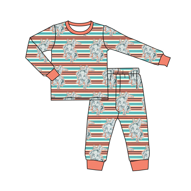 Baby Boys Western Horse Tee Top Stripes Pants Clothes Sets preorder(MOQ 5)