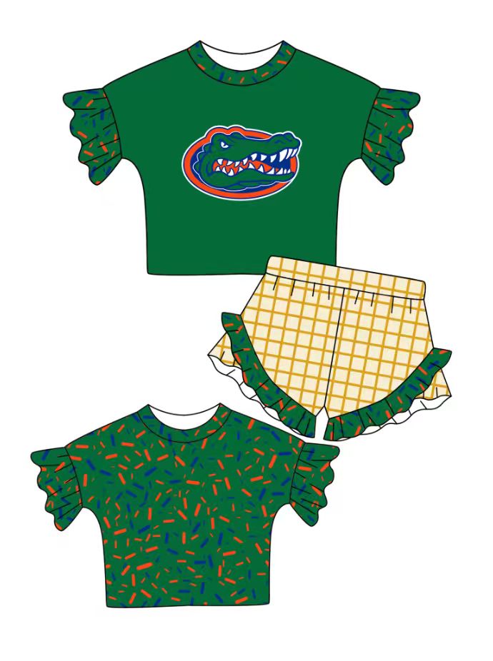 Preorder (moq 5)Baby Girls Green Sprinkles Crocodiles Top Checked Ruffle Shorts Team Clothes Set