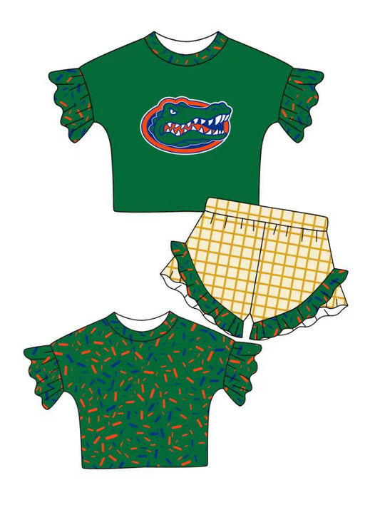 Preorder (moq 5)Baby Girls Green Sprinkles Crocodiles Top Checked Ruffle Shorts Team Clothes Set