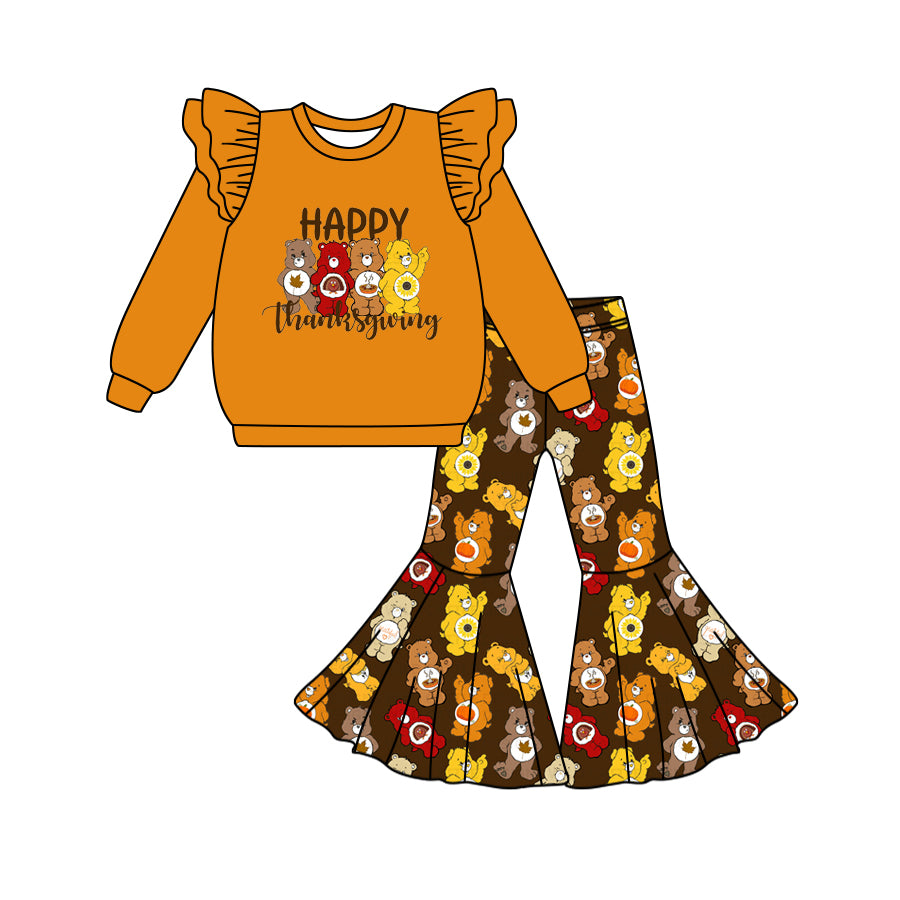 Baby Girls Happy Thanksgiving Bears Shirt Top Bell Pants Clothes Sets Preorder(moq 5)