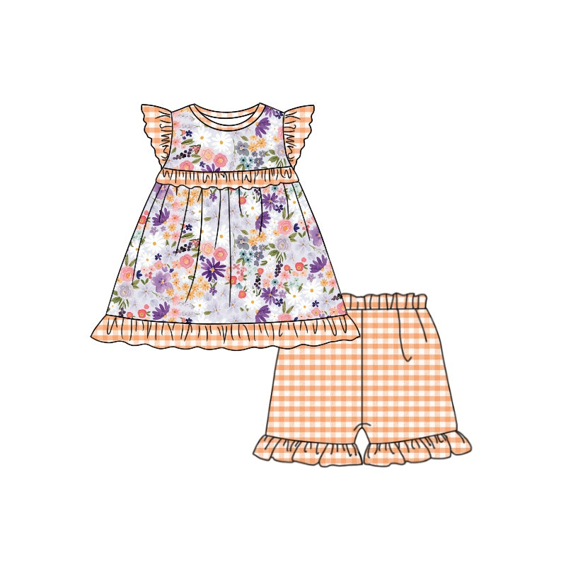Baby Girls Purple Flowers Tunic Ruffle Checkered Shorts Clothes Sets preorder(moq 5)