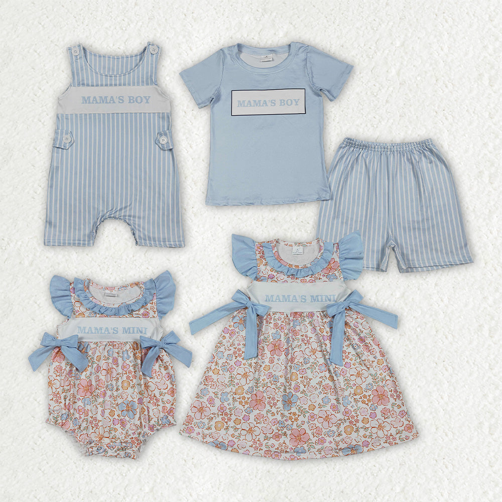 Sibling Baby Kids Mama's Boys Mini Stripe Short Clothes Set Flowers Knee Length Dress Rompers
