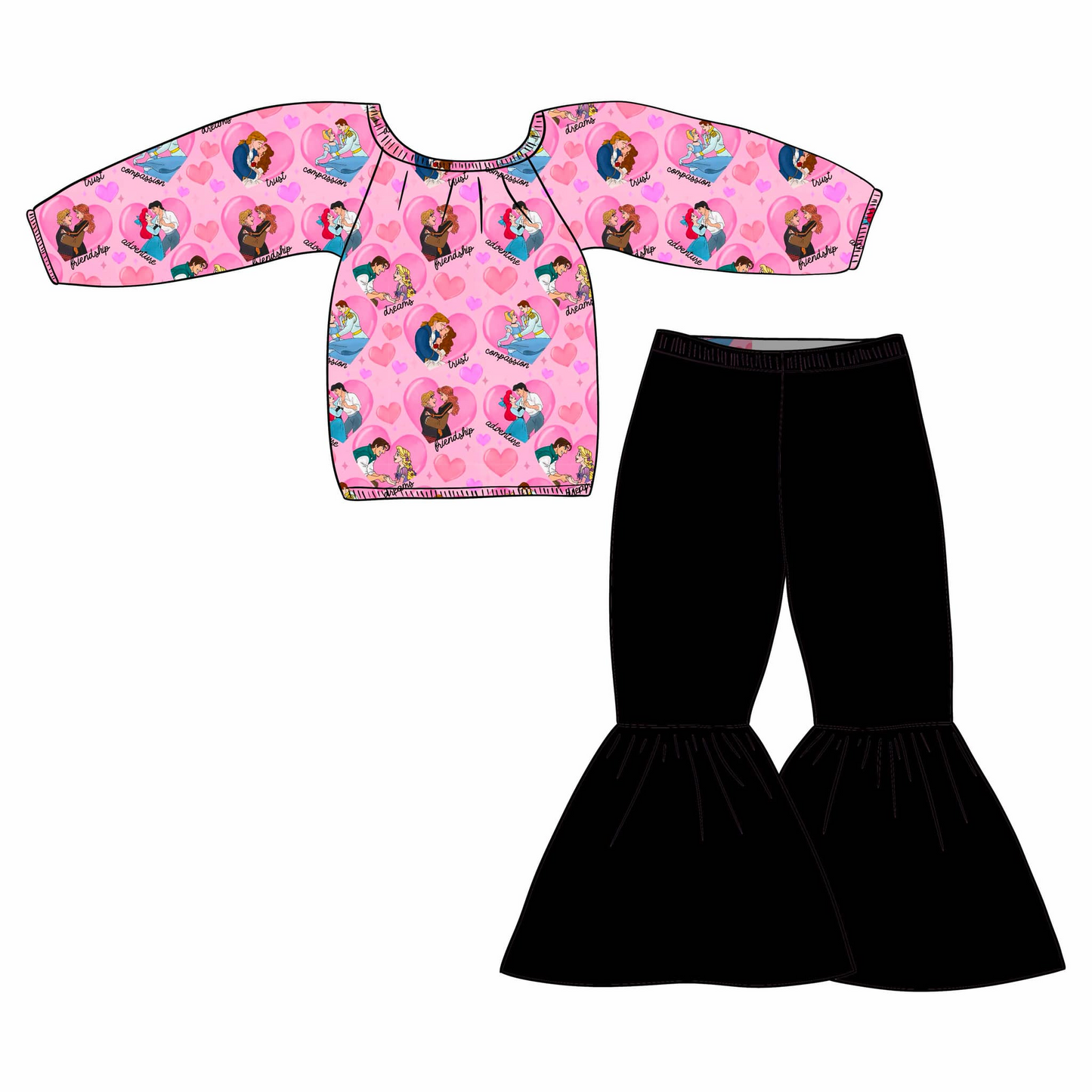 Baby Girls Valentines Princess Hearts Shirt Bell Pants Clothes Sets split order preorder Dec 1st