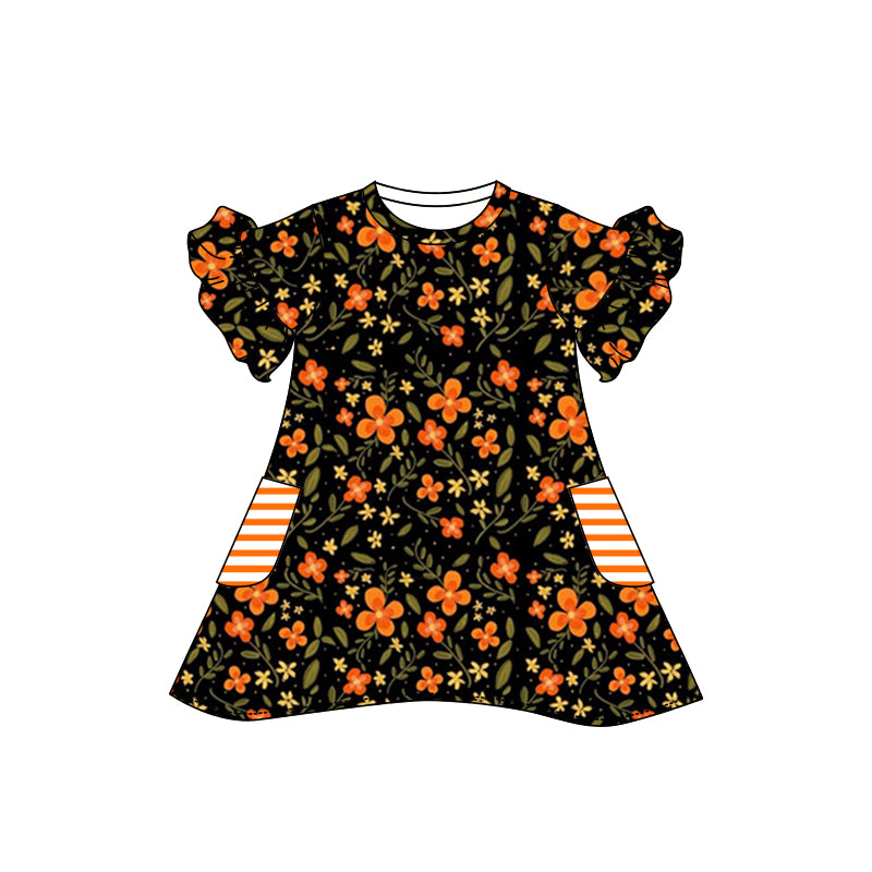 Baby Girls Orange Flowers Pockets Knee Length Dresses Preorder(moq 5)