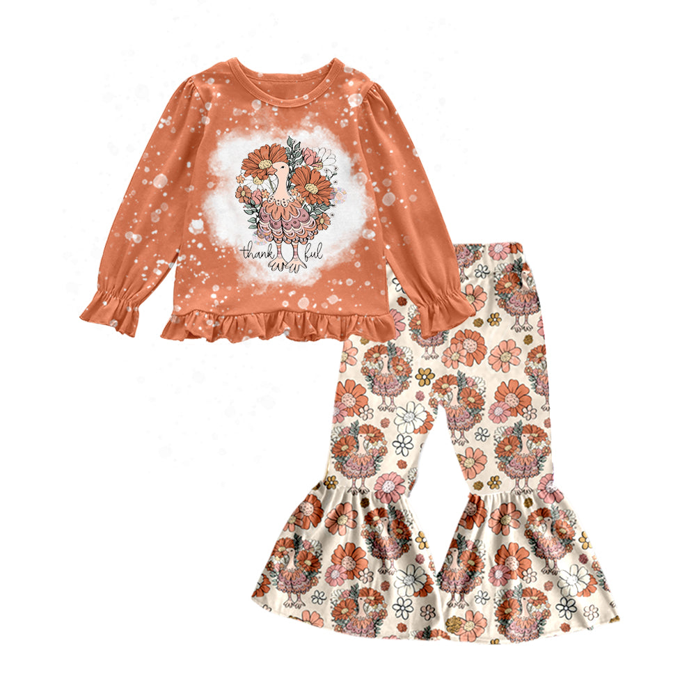 Baby Girls Turkey Flowers Shirt Bell Bottom Pants Clothes Sets Preorder(moq 5)