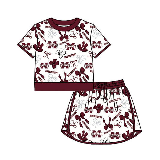 Preorder (moq 5)Baby Girls Bows M State Top Skirt Short Team Clothes Set