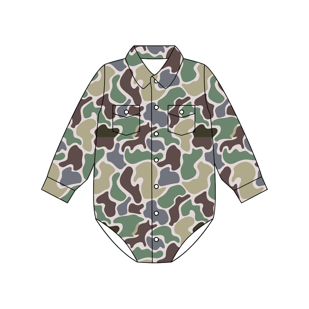 Preorder moq 5 Baby Boys Long Sleeves Green Brown Camo Button Pockets Rompers