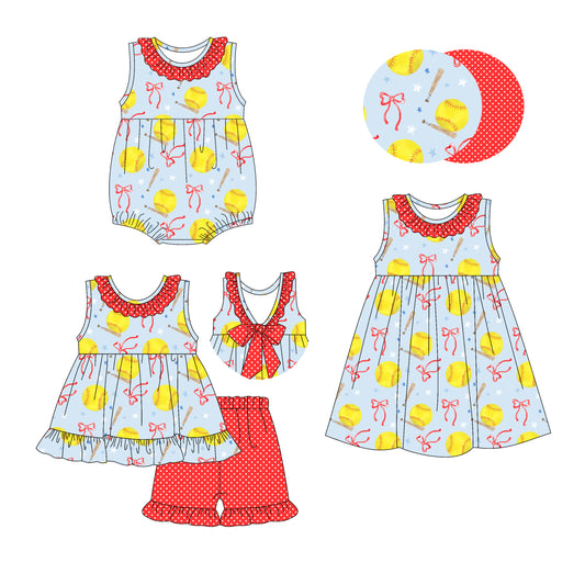 Preorder moq 5 Custom Baby Girls Sleeveless Baseballs Bows Tunic Ruffle Short Set Knee Length Dress And Rompers