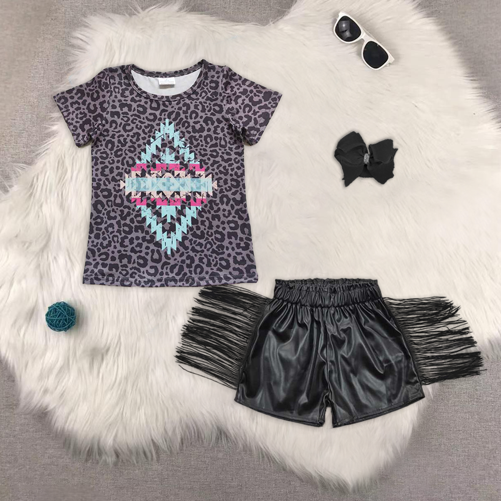 Baby Girls Gray Leopard Short Sleeves Aztec Top Tassel Leather Shorts Sets
