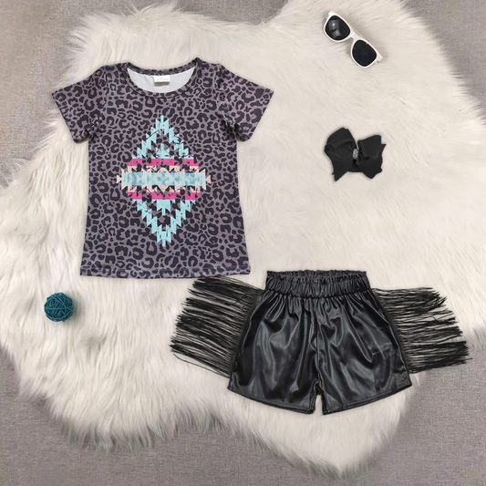 Baby Girls Gray Leopard Short Sleeves Aztec Top Tassel Leather Shorts Sets