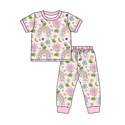 Baby Girls Pink Rainbow Flowers Top Pants Pajamas Clothing Sets Preorder(moq 5)