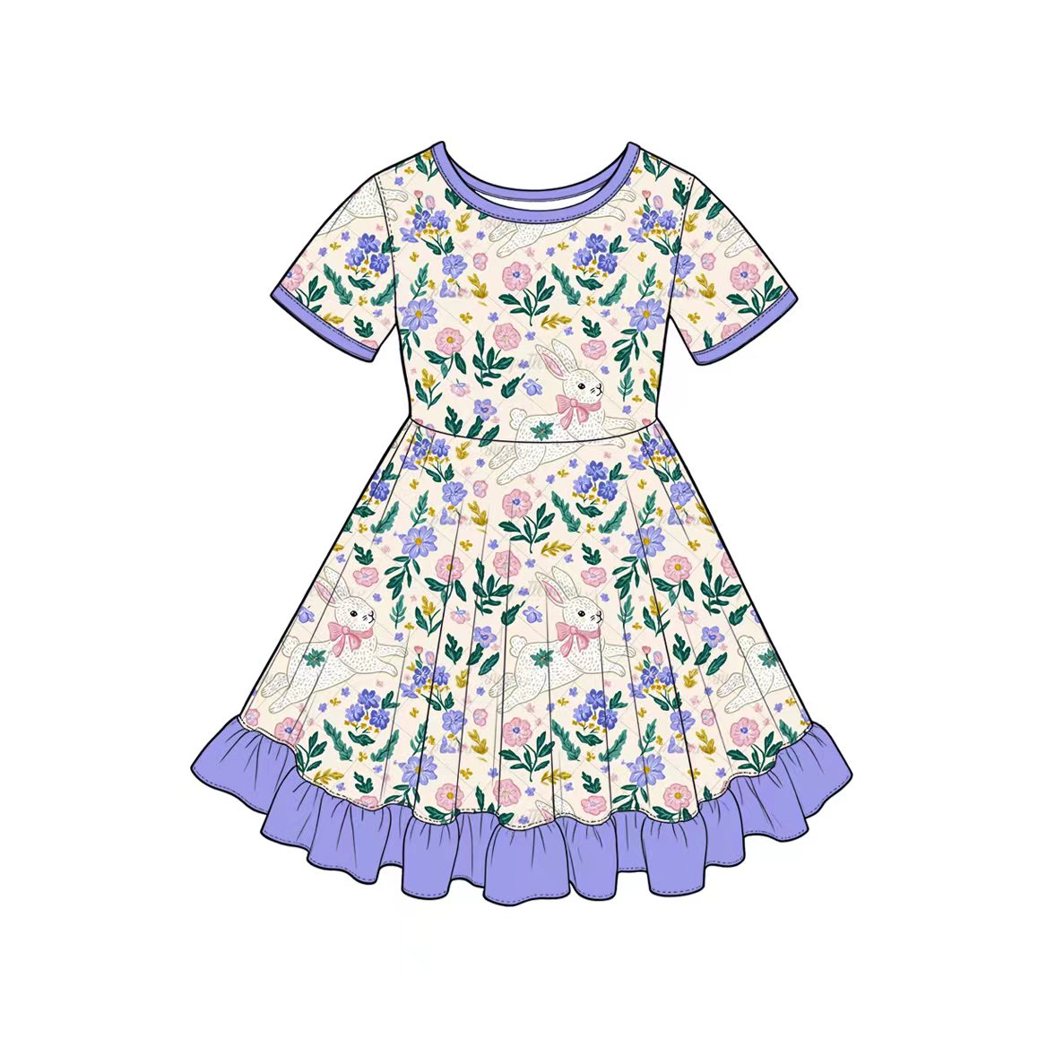 Preorder(moq5) Cute Easter Girls Short Sleeve Ruffled Hem A-Line Dress