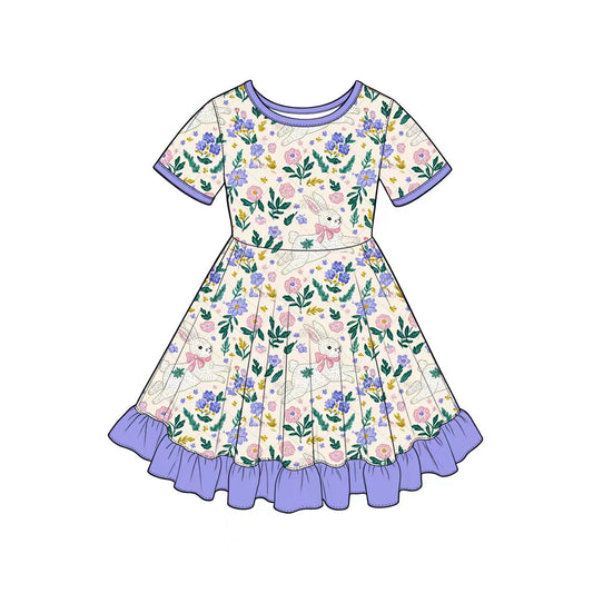 Preorder(moq5) Cute Easter Girls Short Sleeve Ruffled Hem A-Line Dress