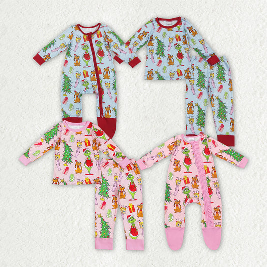 Sibling Baby Kids Long Sleeves Green Face Miss Christmas Pajamas Sets Zipper Footed Rompers