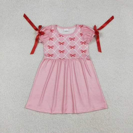 Sibling Baby Girls Red Bows Checked Knee Length Dresses Ruffle Rompers