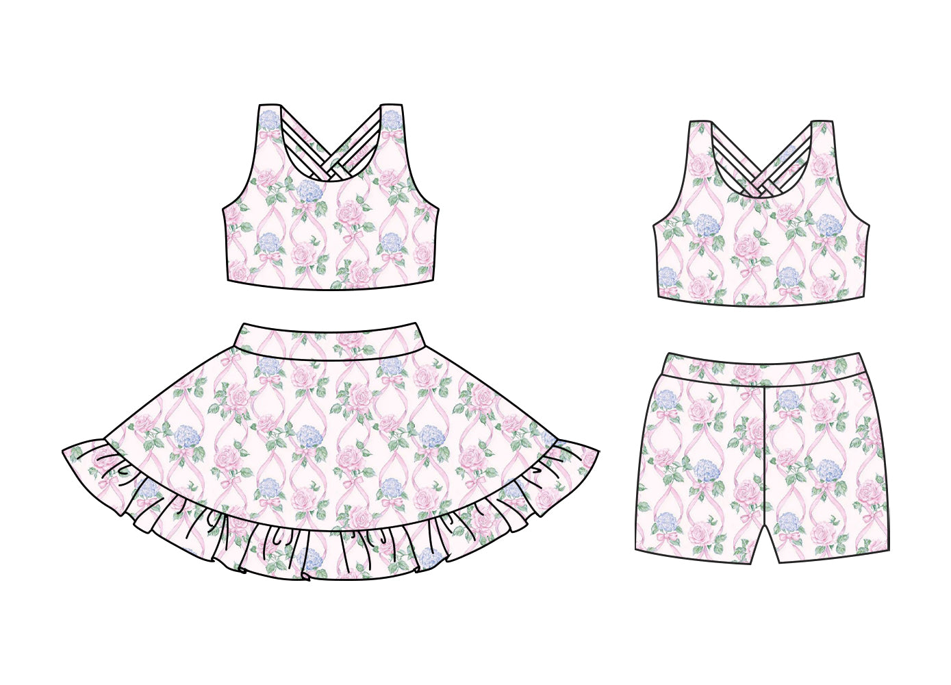 Preorder moq 5 Custom Baby Girls Sleeveless Lavender Floral Top Ruffle Skirts Set Biking Sets