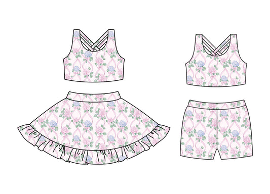 Preorder moq 5 Custom Baby Girls Sleeveless Lavender Floral Top Ruffle Skirts Set Biking Sets