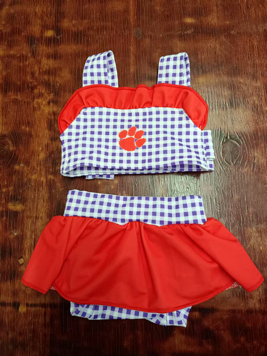 Preorder moq 5 Baby Girls Plaid Strap Orange Pawl Top Bummies 2 Pieces Swimsuits
