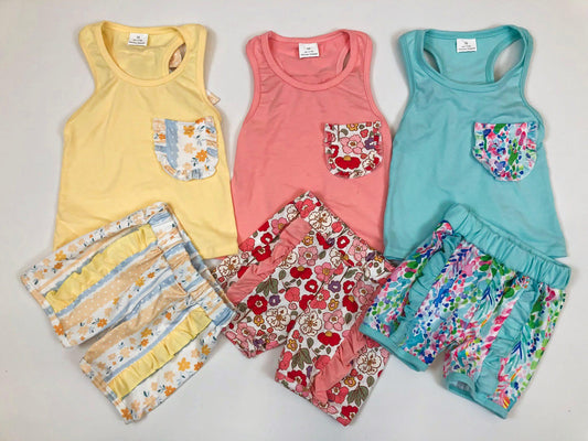 Sibling Summer Baby Girls Back Bow Vest Shirt Flowers Shorts Clothes Sets
