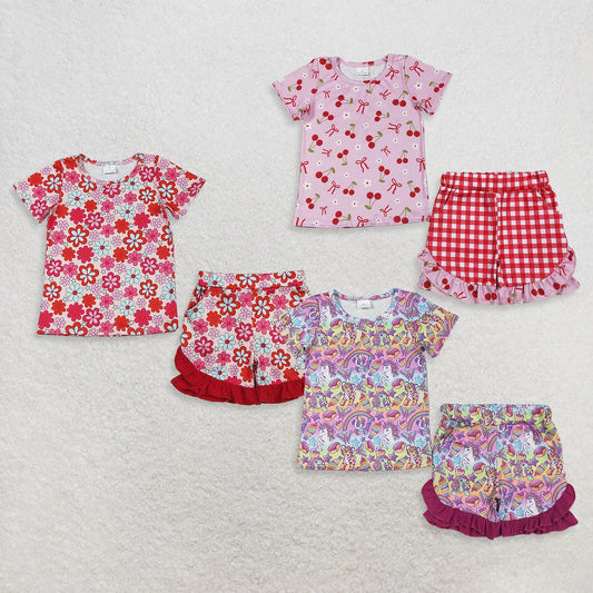 Sibling Baby Girls Short Sleeve Colorful Flowers Cherry Top Ruffle Shorts Clothes Sets