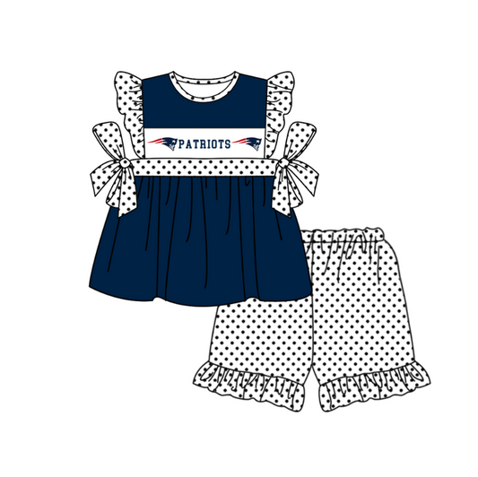 Preorder (moq 5)Baby Girls Flutter Sleeve Patriots Tunic Polka Dots Ruffle Shorts Team Clothes Sets