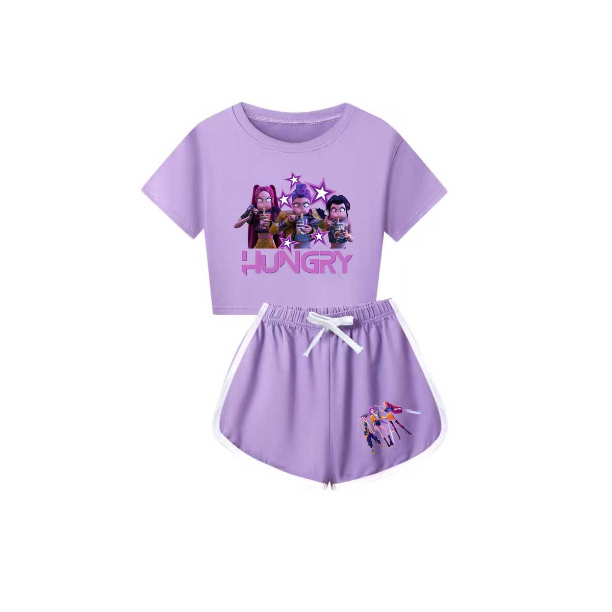 Preorder(moq 5) Baby Girls Cartoon Girls Hungry Top Shorts Purple Clothes Sets