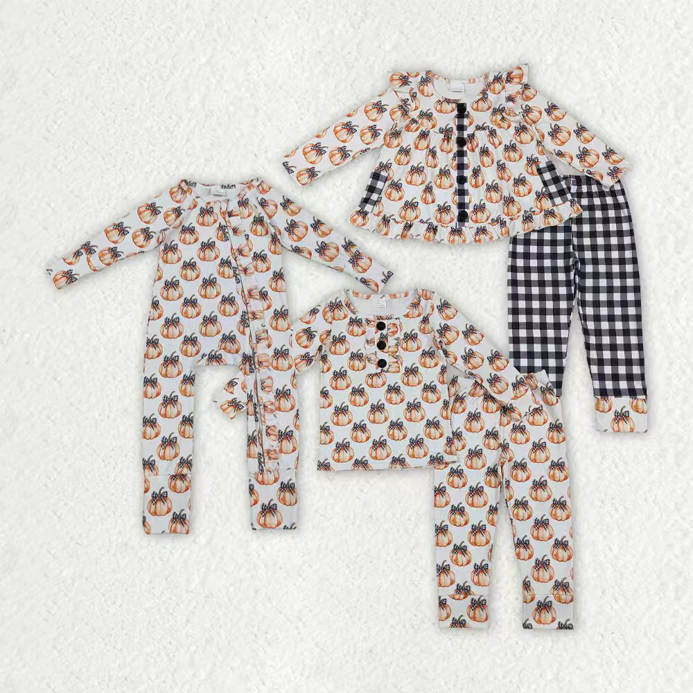 Sibling Baby Girls Bows Pumpkins Button Fal Pajamas Clothes Sets Zipper Footie Rompers