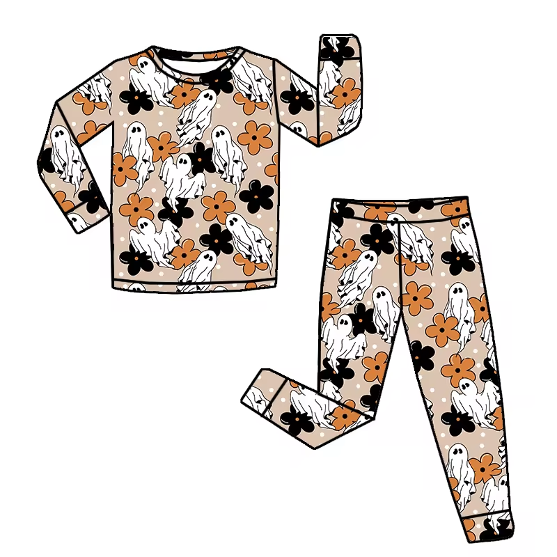 Baby Girls Bamboo Flowers Ghost Shirt Pants Pajamas Clothes Sets Preorder(moq 5)