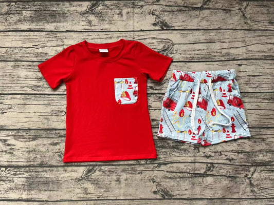 Baby Boys Red Pocket Tee Shirts Fire Truck Shorts Clothes Sets Preorder