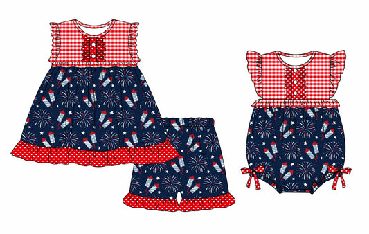 Preorder moq 5 Custom Baby Girls Red Plaid Sleeveless Button Firework Tunic Ruffle Short 4th Of July Set Rompers